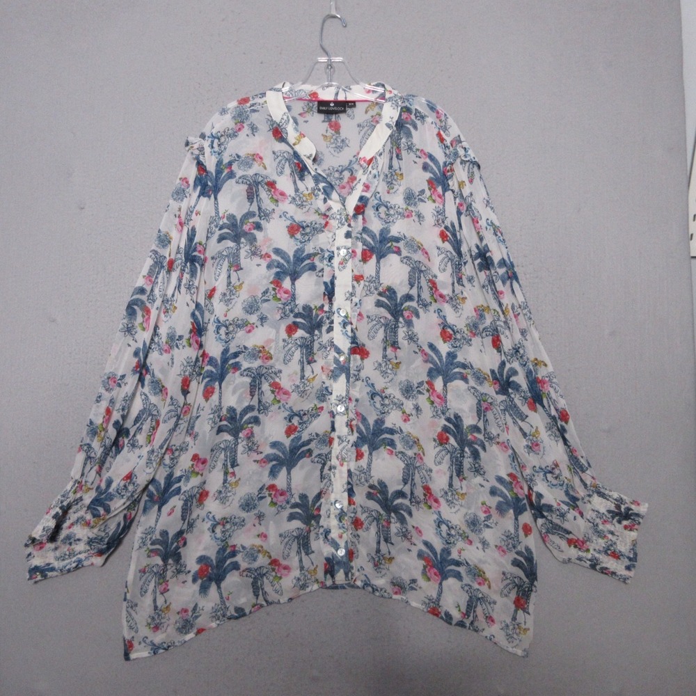 Emily Lovelock Top Tunic Plus 2X Floral‎ Sheer Ruffle Boho Floral Whimsy Button